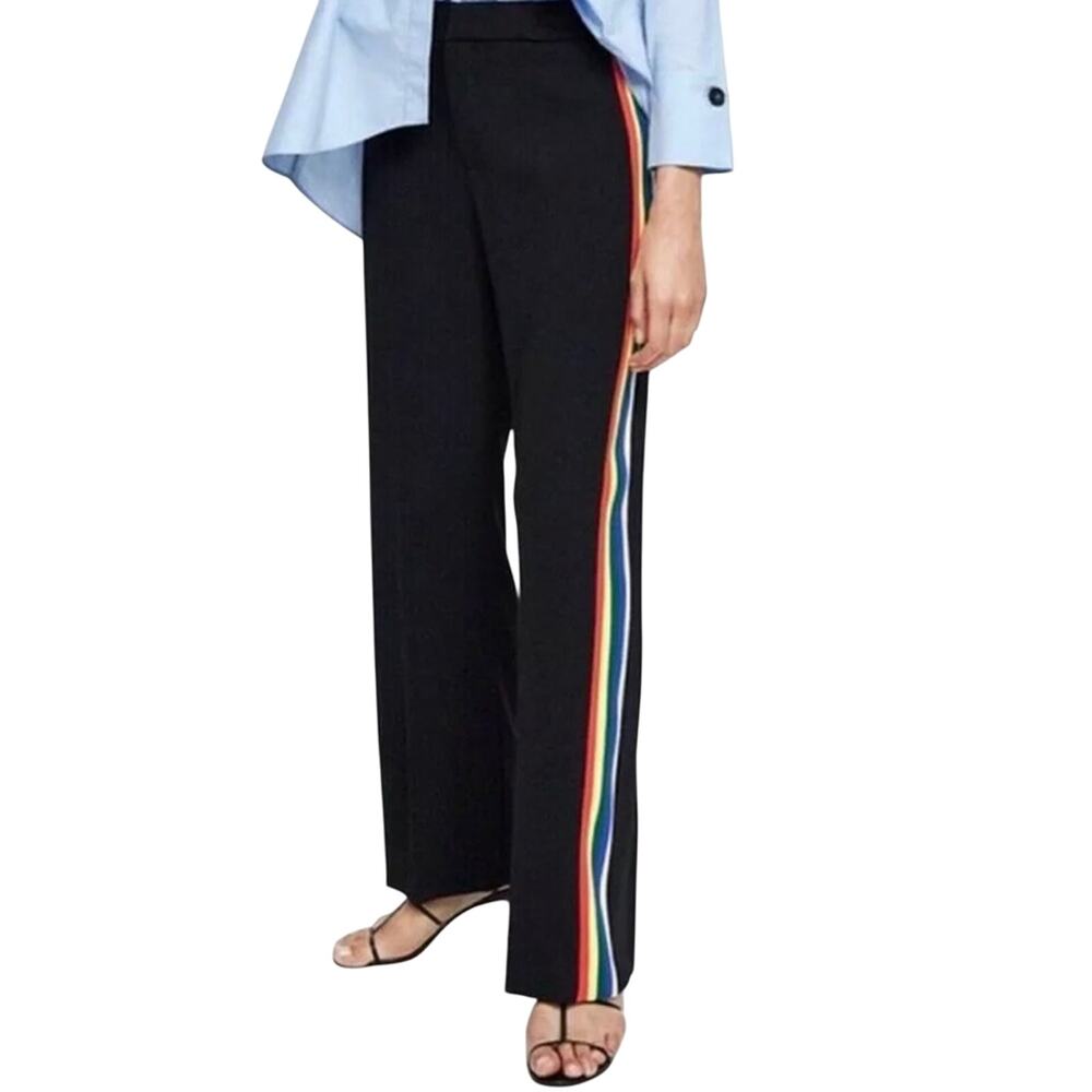 Zara Wide Leg Black Rainbow Side Stripe High Waist Pants Front Zip Flowy Fabric
